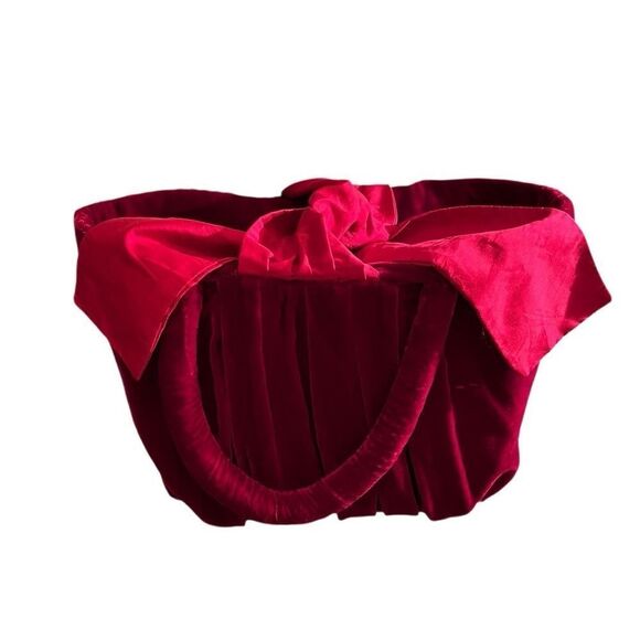 Red Velvet Vintage Handbag Tote Pleated Ruched Structured Cottagecore Feminine - Picture 2 of 10